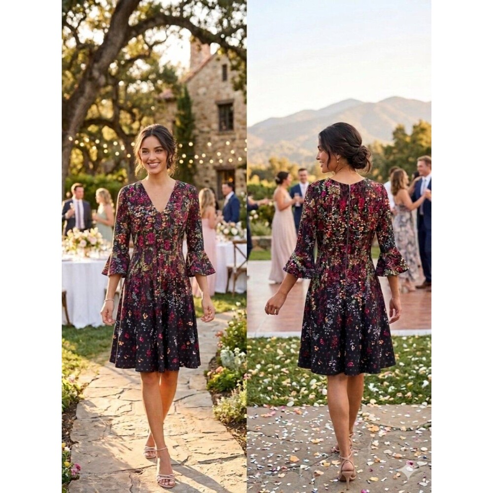 Gabby Skye Black Cranberry Floral Bell Sleeve Scuba Fit & Flare Dress Size 8